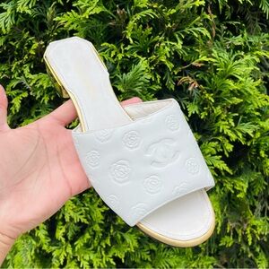 CHANEL CC Logo White Embossed Slide Sandals